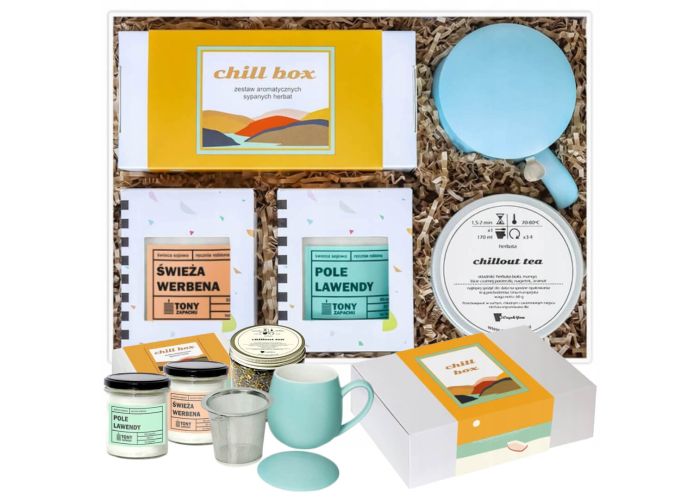 Big Box z herbatą CHILL BOX – zestaw herbat, kubek z zaparzaczem, 2x świeca sojowa