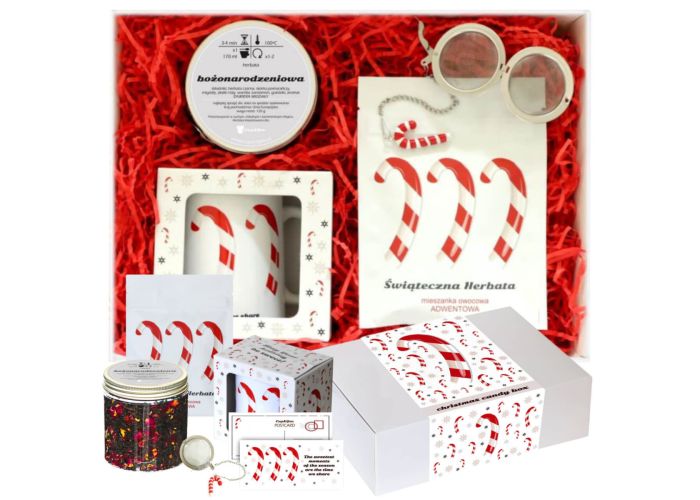 Box prezentowy CANDY BOX – świąteczny zestaw z herbatami kubkiem i zaparzaczem