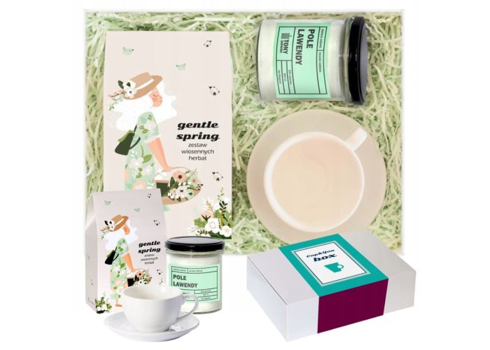 Box prezentowy GENTLE SPRING – wiosenny zestaw herbat ze świecą i zaparzaczem
